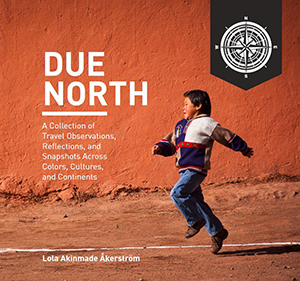 Cover of "Due North" by Lola Akinmade. It shows a Peruvian boy skipping against an ochre-stucco building. He looks very joyful!