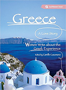 The cover of the Seal Press book "Greece, a love story." It features whitewashed buildings in Dantorini with azure blue domes. A dark blue sea stretches below and the caldera rim is visible in the background: sheer coastal cliffs that seem snow-frosted because of the architecture