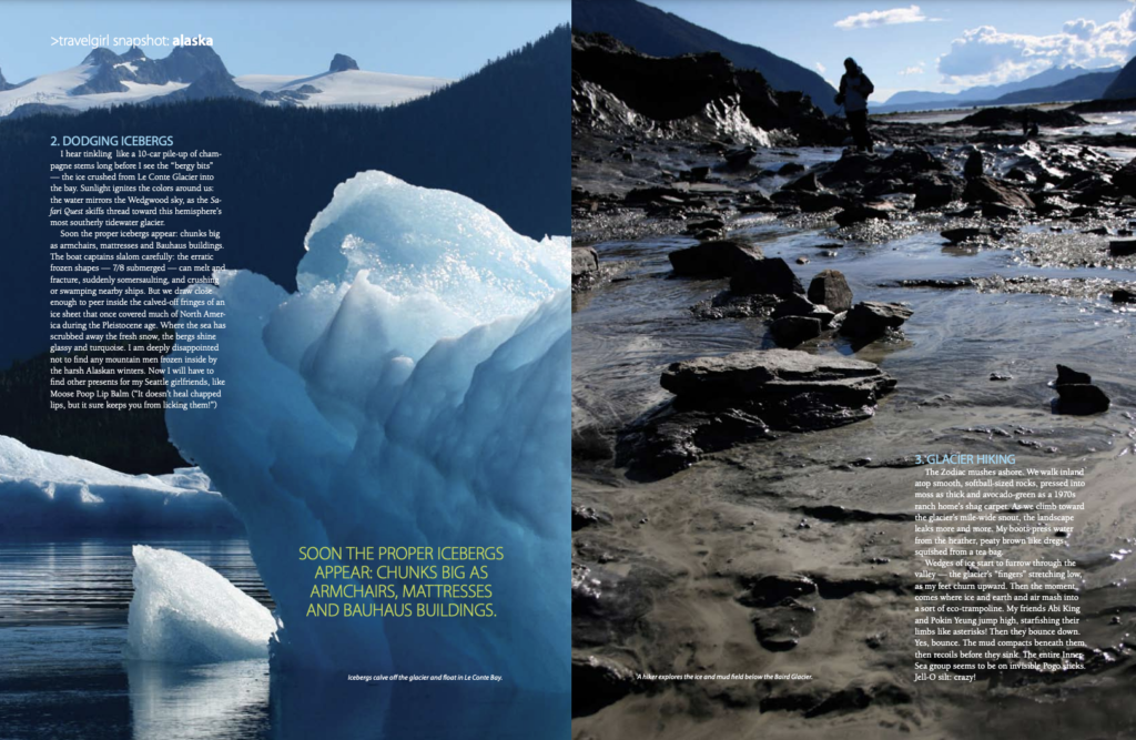 A double-page-spread from "Travelgirl Magazine." The left side features turquoise icebergs in Alaska, the right side, a dramatically lit glacial moraine
