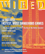 March 2001 cover of Wired Magazine. Half the page is blue with yellow overlay, the other half is brick red with a yellow bridge schematic. It's pretty chaotic looking.